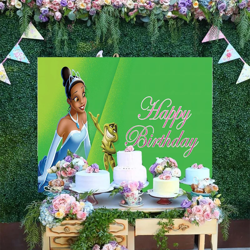 

Cartoon Disney Green Dress The Princess and the Frog Tiana Glitter Photography Backdrop Birthday Party Decoration Background