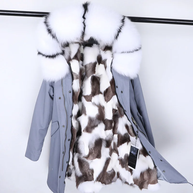 Mao mao kong Winter Women's Fur Jacket Long Outdoor Tops Real Fox Fur Lining Parka ED44  Women's coat
