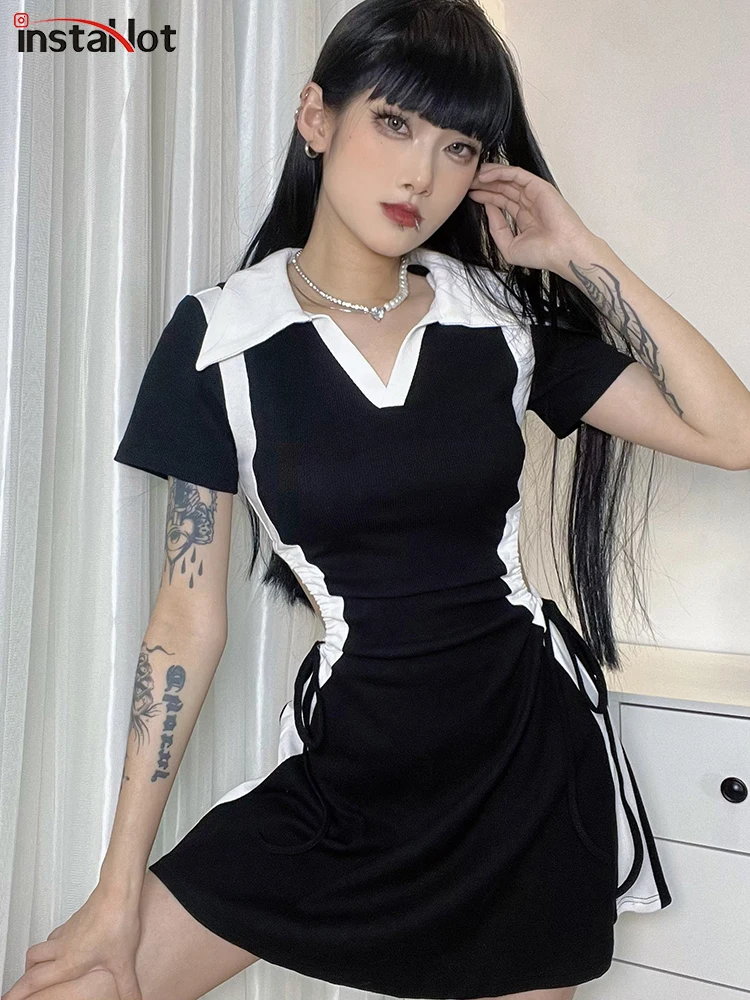

InstaHot Hollow Out Bandage Mini Dresses Korean Fashion Women Knitting Blackwhite Patchwork Dress Casual Summer Streetwear