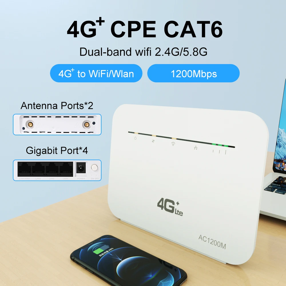 Benton Unlock CPE Cat 6 Wireless Wifi Repeater Router AC1200 5G Modem 4G+ 1200Mmbps Gigabit Lan Gain Antennas Port SIM card