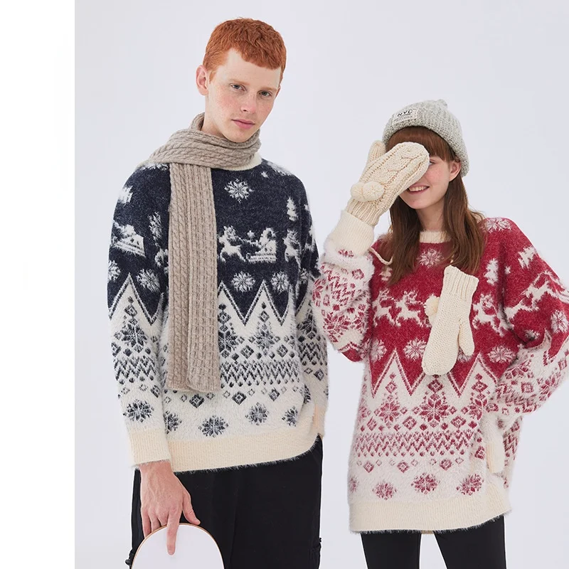 

2022 New Christmas Sweater Loose Casual Couple Knit Sweater Pullover Long Sleeve Korean Christmas Cartoon Pattern Sweater Men