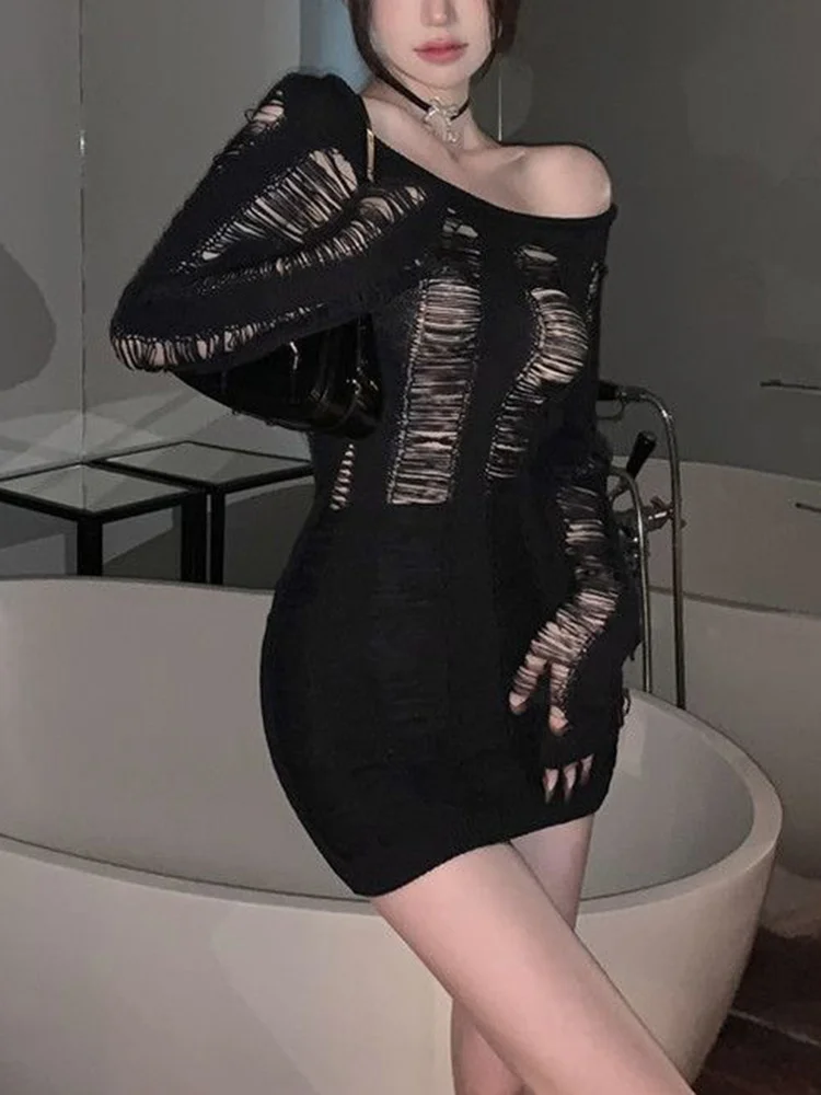Пикантное трикотажное Черное короткое платье Y2k ажурное с длинным рукавом и