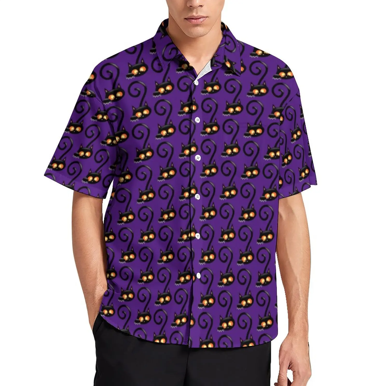 

Happy Halloween Vacation Shirt Spooky Black Cat Hawaiian Casual Shirts Trending Blouses Short Sleeve Graphic Clothes Big Size