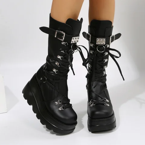 Женские ботинки на танкетке, черные готические ботинки до щиколотки в стиле панк/Хэллоуин/ведьмы, обувь В рыцарском стиле для косплея, большой размер 43, для осени и зимы, 2022