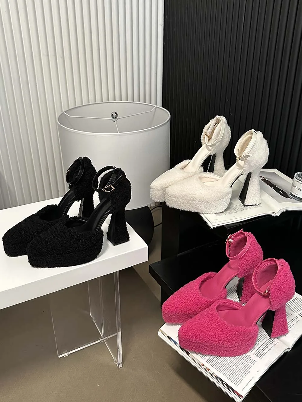 

Pointed Toe Women Sandals Fur Design Ankle Strap Thick High Heels Black White Rose Summer Dress Sandals Platform Shoes Woman 39