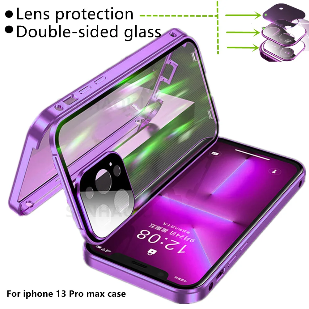 

Противоударный чехол с полной защитой объектива, двухстороннее стекло, магнитный прозрачный чехол, Роскошный чехол для телефона с металлической рамкой для IPhone 14 13 12 Pro Max