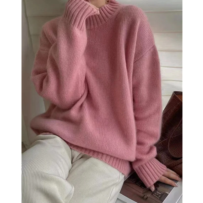 

Плотный свитер с воротником «хомут» из чистого кашемира, женский свободный плотный осенне-зимний мягкий вязаный свитер с вощеной шерстью