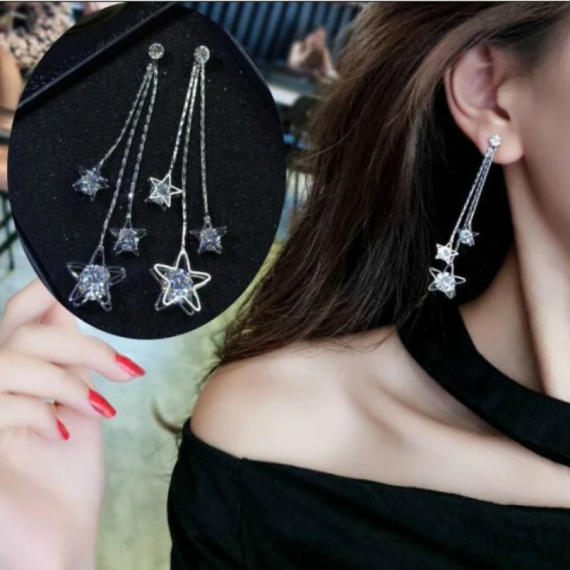 

New Boutique Popular Fashion Zircon Shiny Pentagram Tassel Earrings Korean Multi-Layer High-Profile Earrings