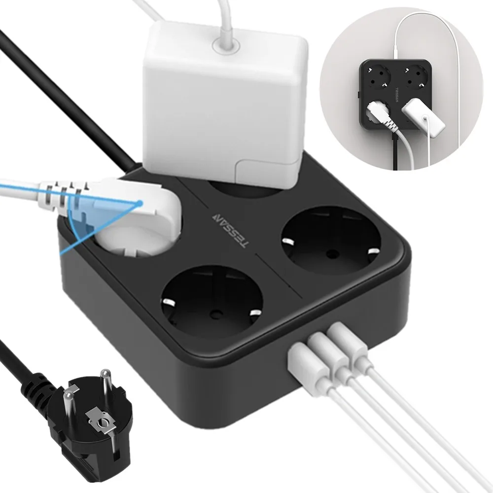 

Удлинитель TESSAN с 4 розетками и 3 USB-портами, удлинитель с европейской вилкой и переключателем, кабель 2 м для дома и офиса