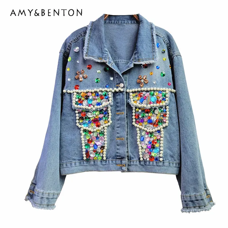 Heavy Industry Colorful Crystals Beaded Fashionable Long Sleeve Jeans Jacket For Women Loose Casual Denim Jacket Coats Clothing