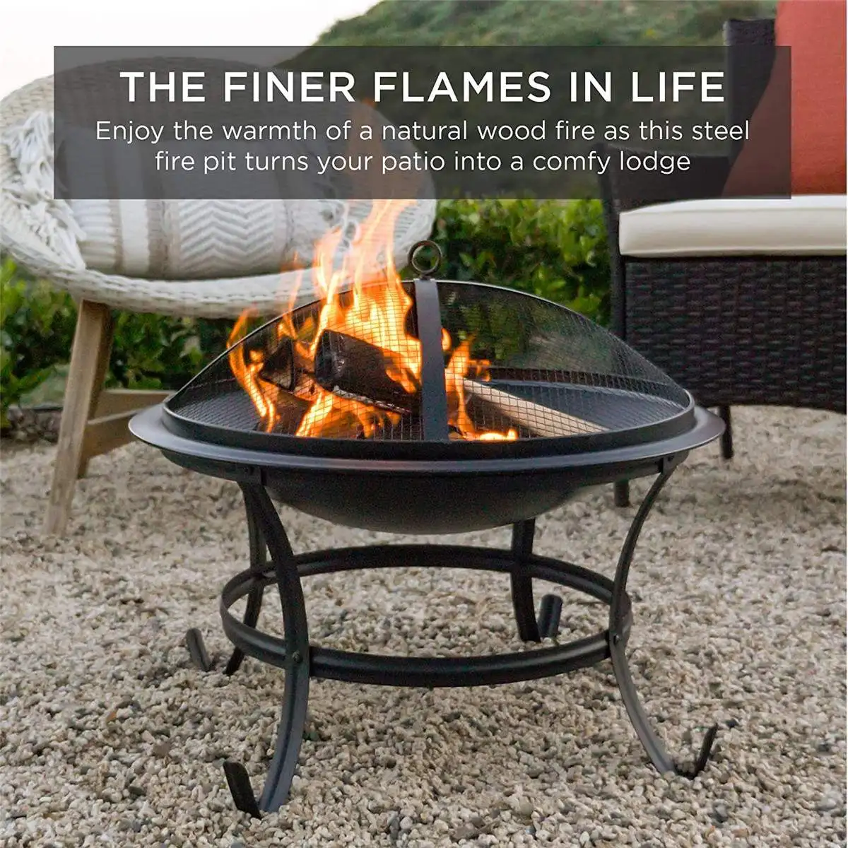 22 Inch Garden Fire Pit Camping Firepit With Mesh Screen Durability Fire Frame Wood Burning Charcoal Stove BBQ Grill