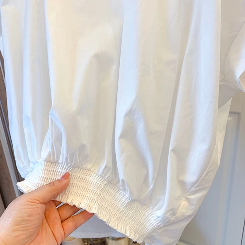 Женская хлопковая блузка оверсайз повседневная однотонная плиссированная с