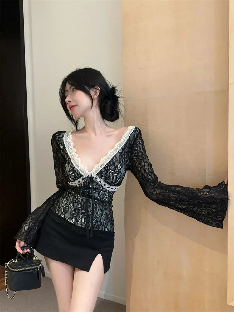 Y2k Сексуальные блузки для женщин Blusas De Mujer 2024 кружевные лоскутные рубашки с