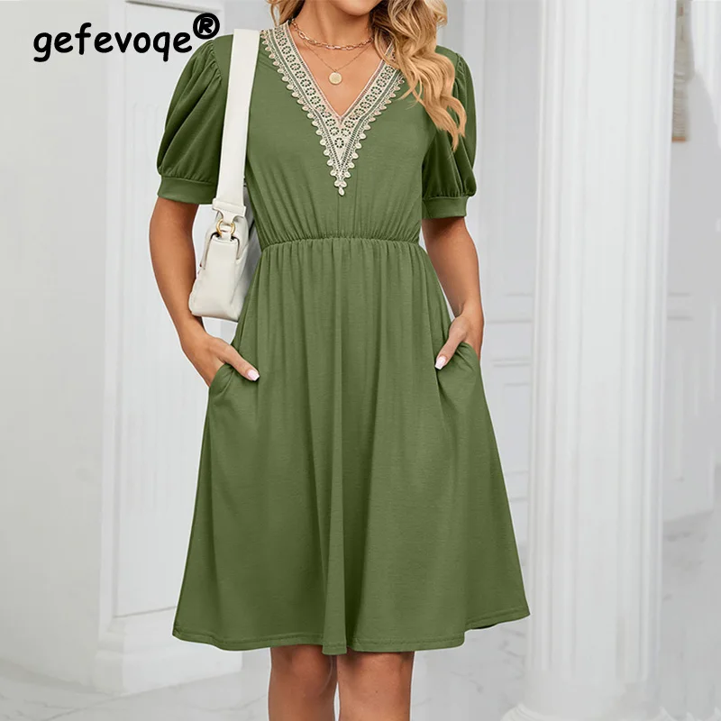 

Spring Summer Female Clothing Solid Color Lace Decorative Patchwork V-Neck Short Sleeve Pockets Waist Retraction Pullover Dress