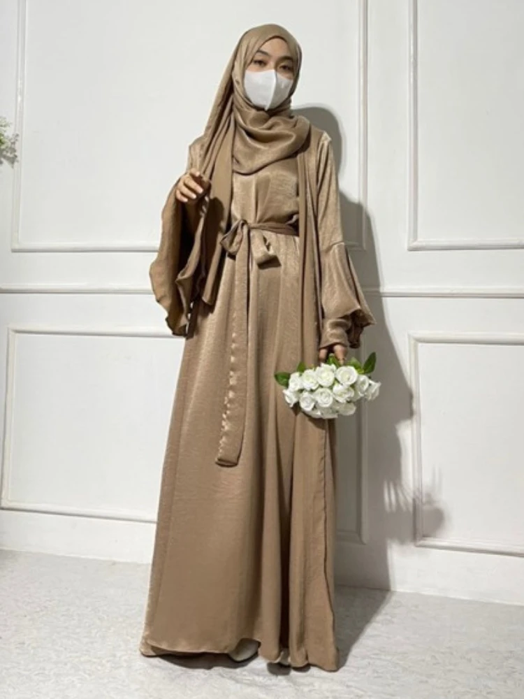 Открытая Абая комплект из 2 предметов скромное атласное исламское платье с