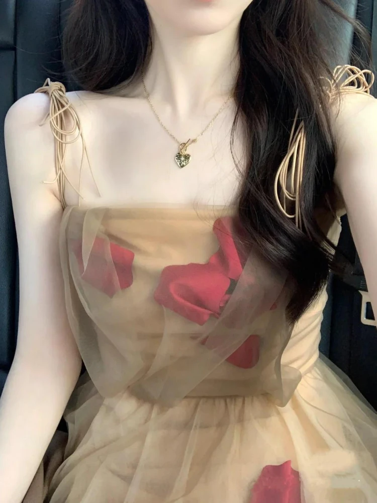 

Vintage Floral Strap Dress Women Sexy Backless Evening Party Fairy Dress Femme 2022 Spring High Street Korean Beach Casual Dress