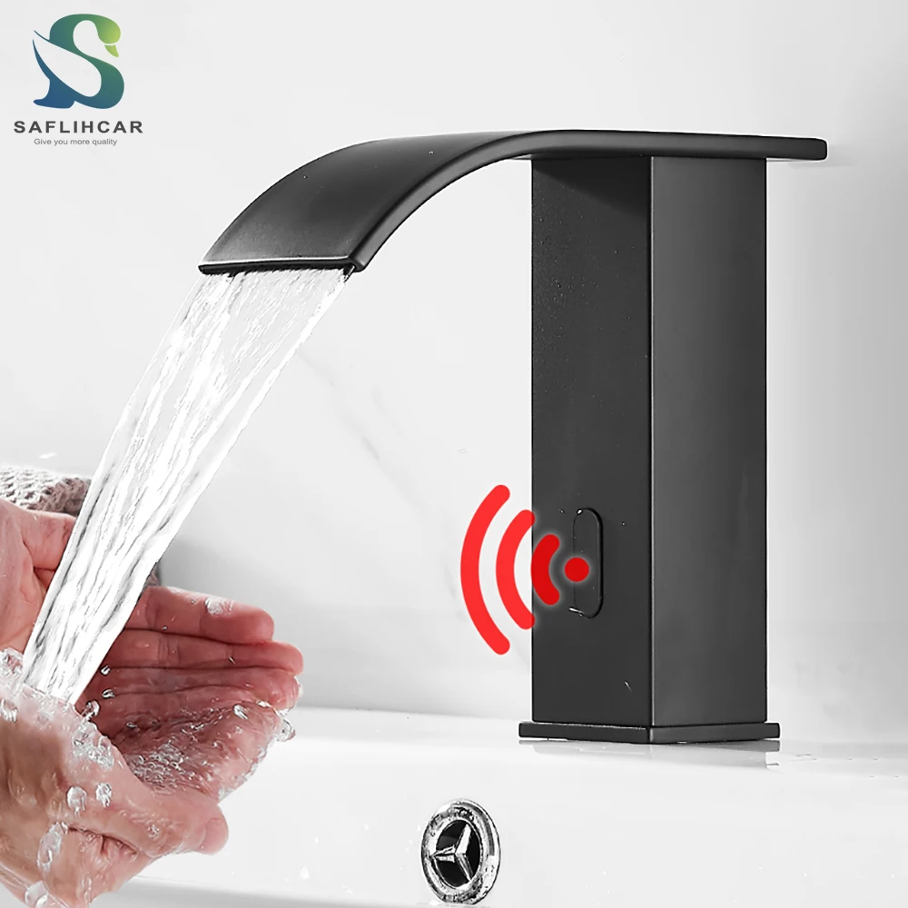 Черный смарт-сенсорный водопадный смеситель для раковины с автоматическим сенсором касания, горячей и холодной водой для ванных комнат.