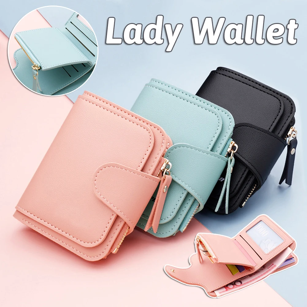 

Short Ladies Button Wallet With Zipper Student Purse Women's Minitri-fold Card Holder Multi-card Girl Slot Porte Monnaie Femme