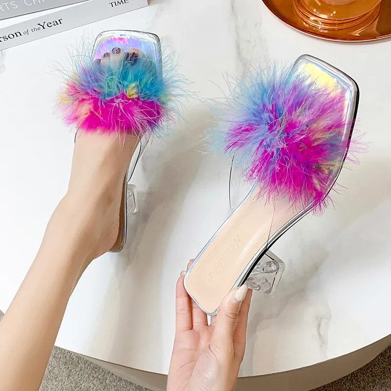 

Women Slippers 2023 Summer New Fashion Stiletto Sandals Open Toe Square High Heel Lady Slides Female Shoes Zapatos De Mujer