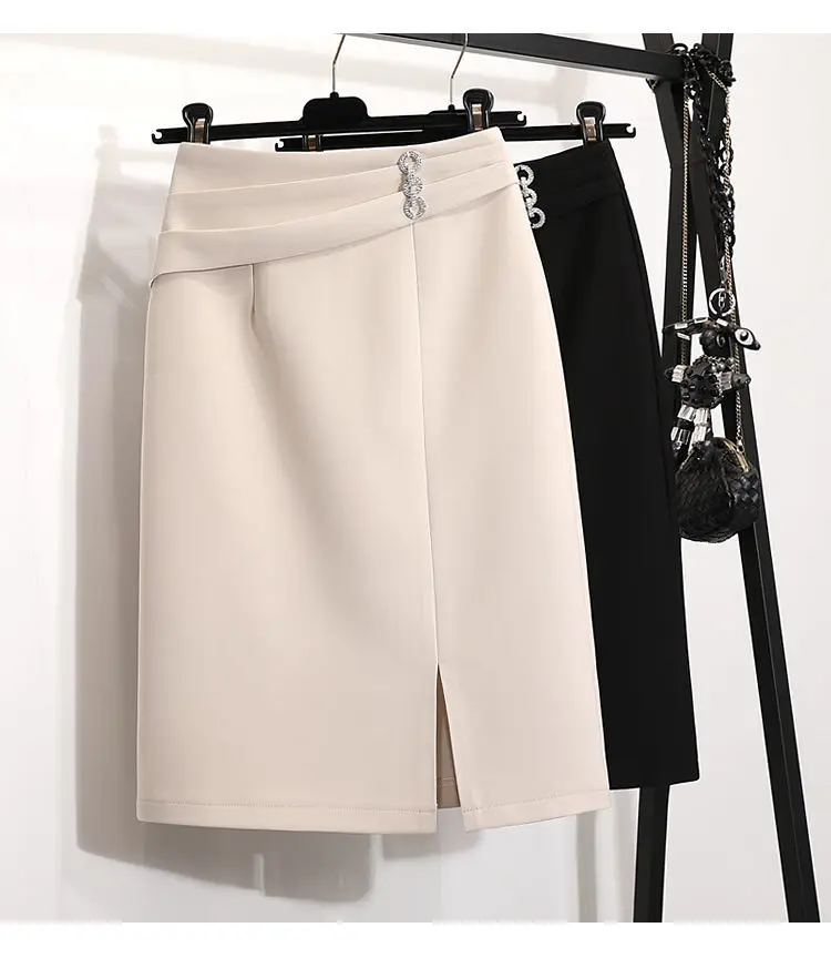 

Women's summer design high waist A-line midi skirt fashion Korean style Artificial Rhinestone decoration side split Wrap skirt