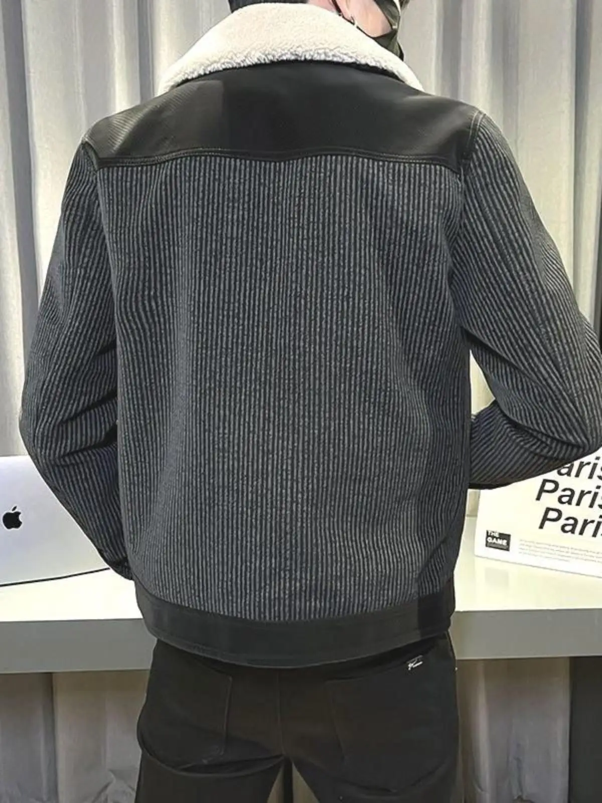 Winter Thickened Fleece-lined Leather jacket Men's Lapel Detachable Fur Collar Stripe Casual Patchwork Pu Shuai Motorcycle Cl...