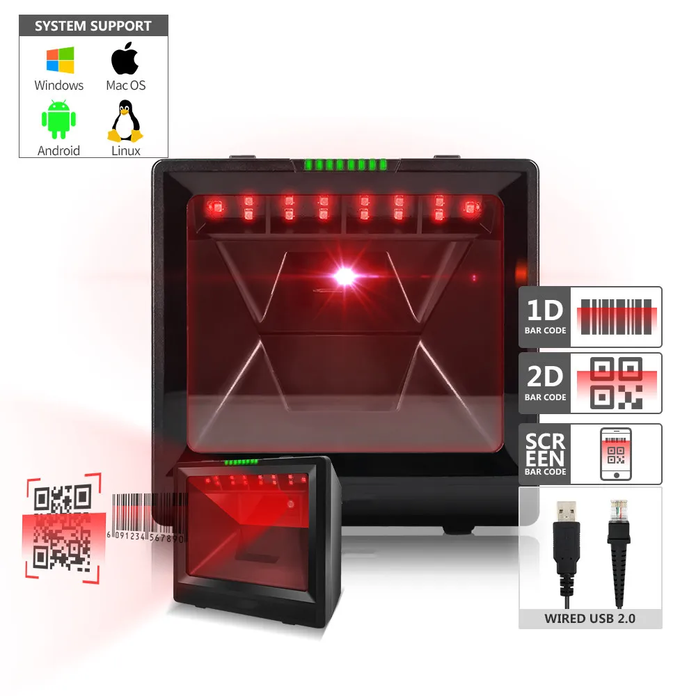 

Настольный сканер штрих-кодов всенаправленный Проводной USB считыватель штрих-кодов 1D QR 2D экран Сканирование штрих-кодов встроенный