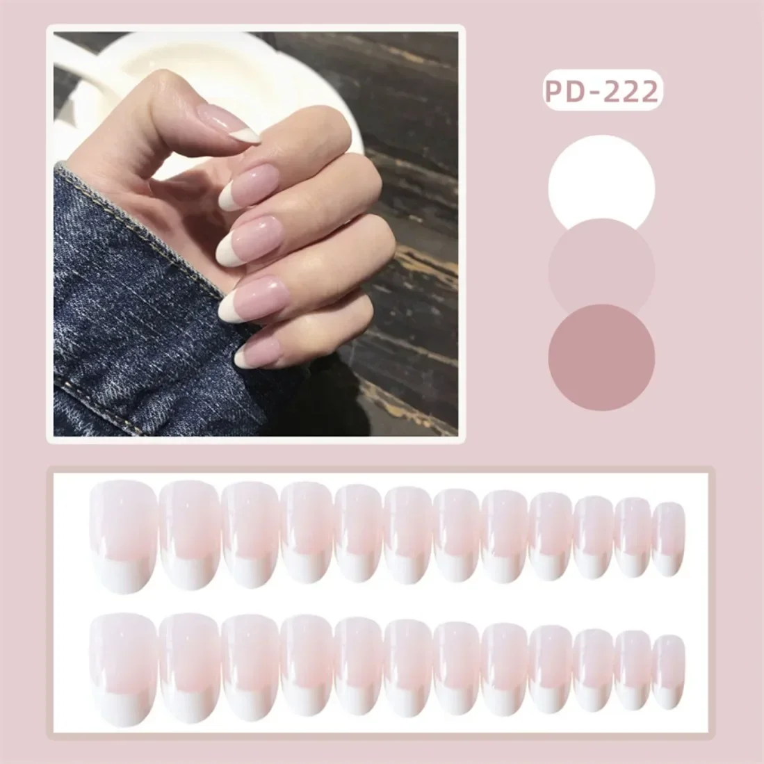 

24Pcs Artificial Nail Art Fake Nails Waterproof Removable Nail Design White Edge Pink White Medium Length Ballet Press On Nails