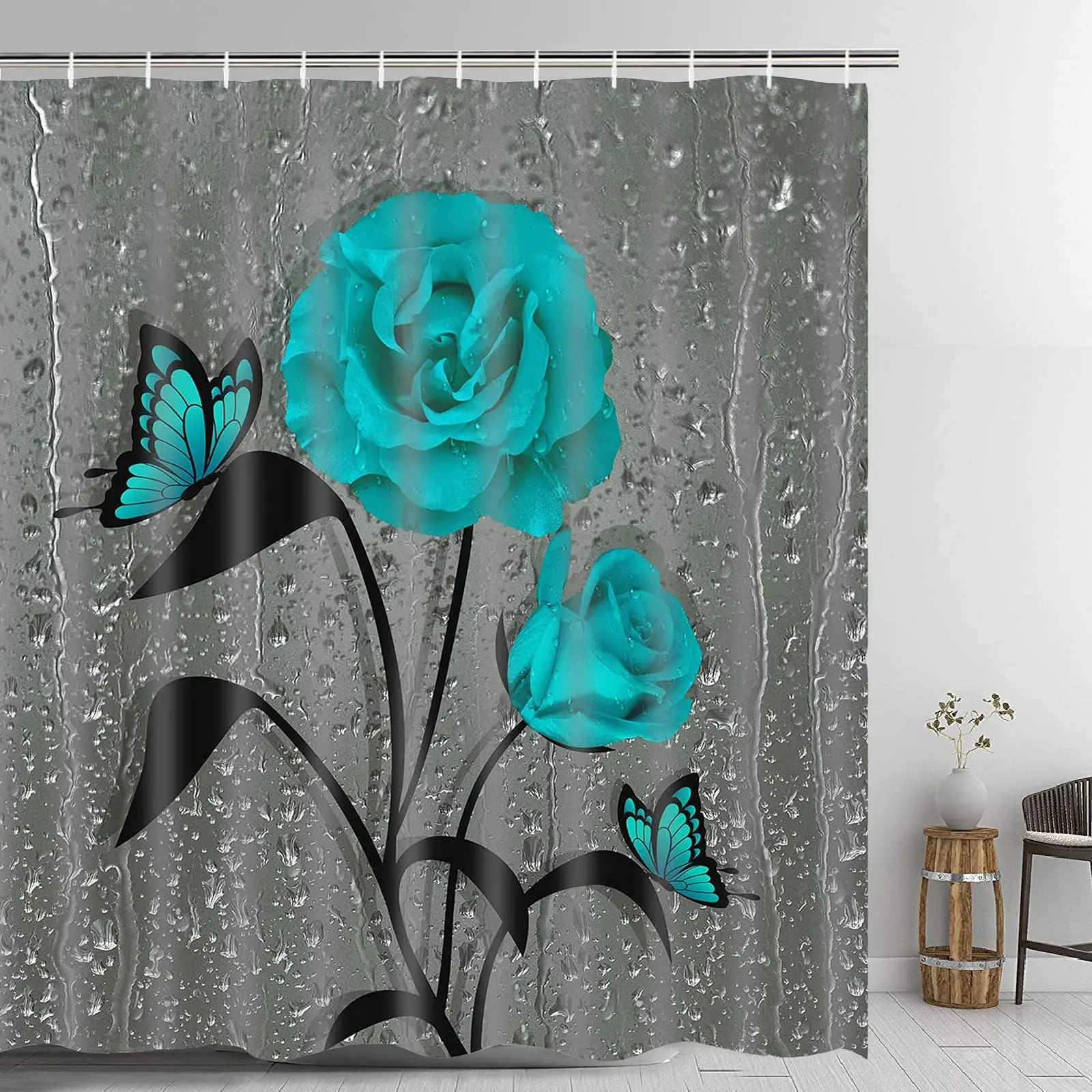 

Turquoise Shower Curtain Waterproof Blue Flower Floral Teal with Roses Watercolor Colorful Abstract Black Home Decor Hooks Set