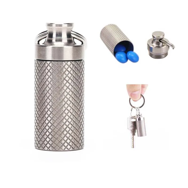 

Titanium Mini Pendant Pill Box Sealed Waterproof Vial Canister Small Medicine Bottle Outdoor Portable Keychain Pill Case