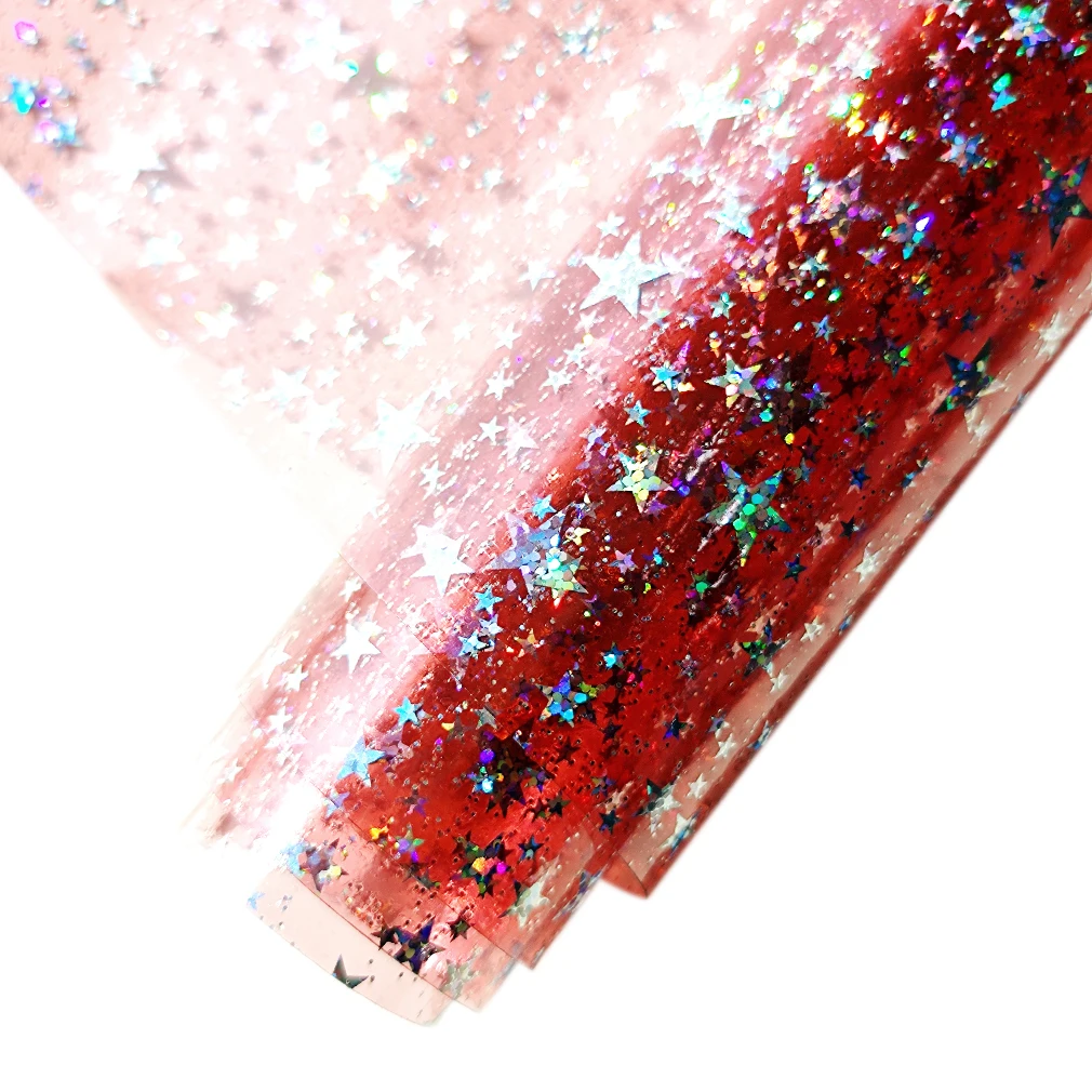

Transparent holographic artificial leather sheet glittering star printing colorful PVC phone case keychain DIY decorations