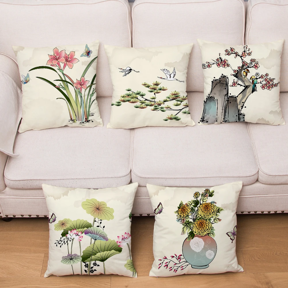 

Bedroom Living Room Pillowcase Sofa Flower Pillowcase Colorful Chinese Style Plant Cushion Cover Pillowcase