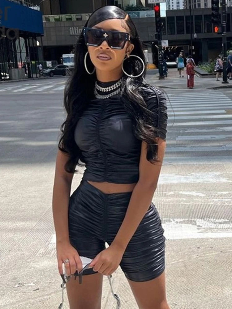 

Sisterlinda Casual Ruched 2 Piece Tracksuit Set Women Short Sleeve Skinny Crop Top+Biker Shorts Body-Shaping Matching Streetwear