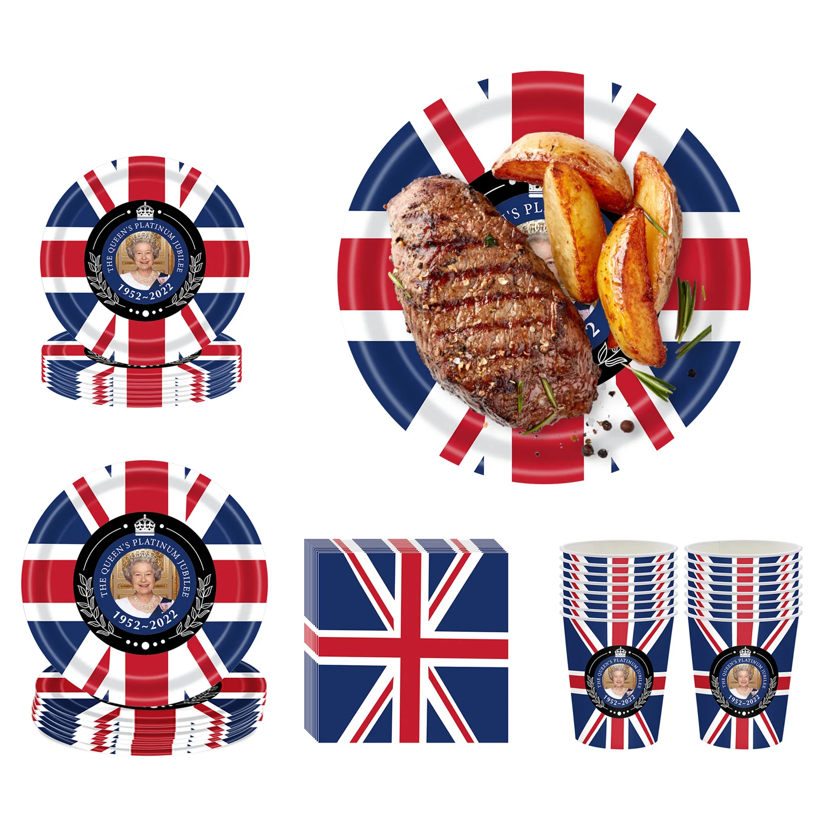 

68Pcs Union Jack Tableware Set Union Jack Paper Plates And Cups And Napkins Queens Platinums Jubilee 2022 Party Supplies For 16