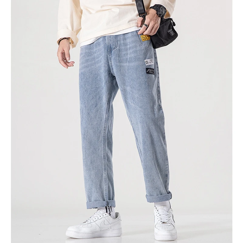 Men Jeans Streetwear Vintage Jeans Summer Solid Loose Jeans Korean Style Jeans Men's Lace-up Mid-Waist Denim Straight-Leg Pants