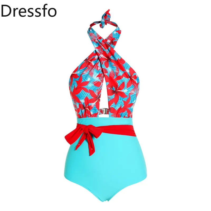 

Dressfo Tropical Flower Print One-pieces Swimwear Crossover Halter Padded Bowknot High Waist One-piece Swimsuit Bathing Women