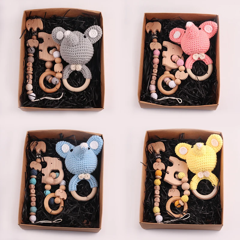 

1 Set Baby Rattle Wooden Crochet Elephant Bells Teething Bracelet Pacifier Dummy Clips Baby Rodent Toys for Newborn Baby Shower