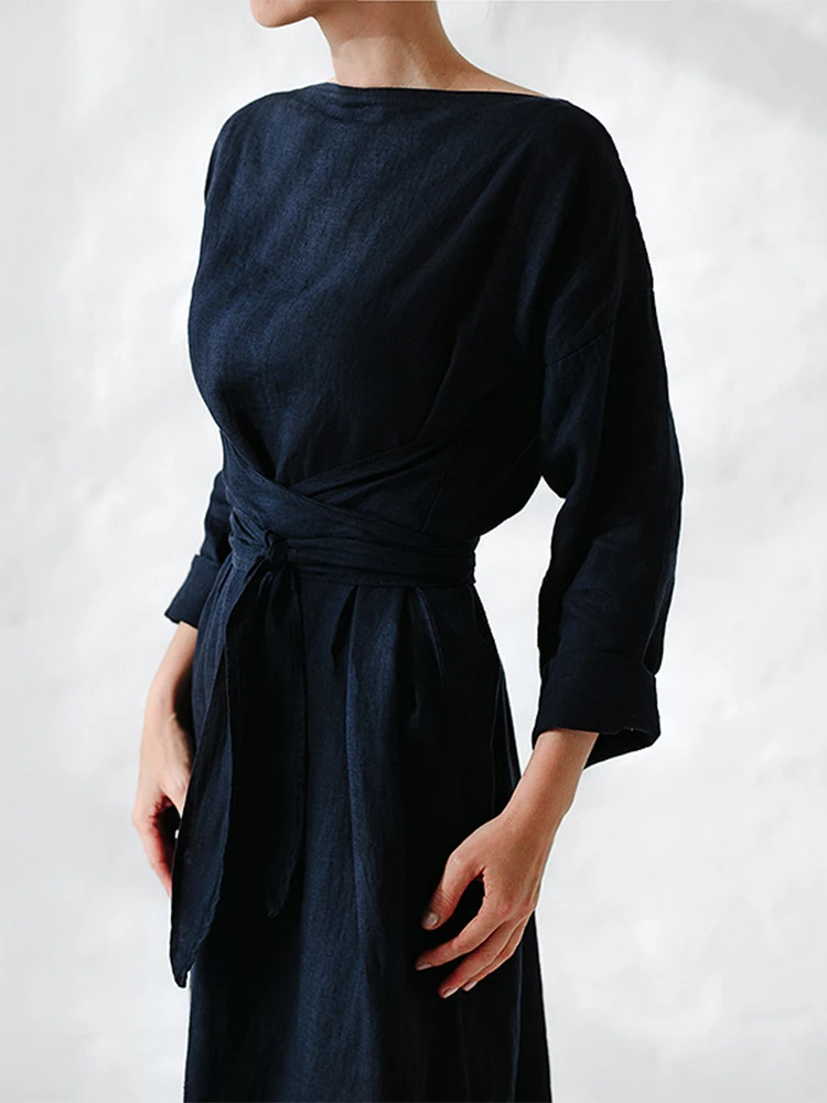 Women Casual Solid Cotton Linen Dress Fashion Lace-Up Long Sleeve Maxi Dresses Spring Female Elegant Simple Mujer Harajuku |