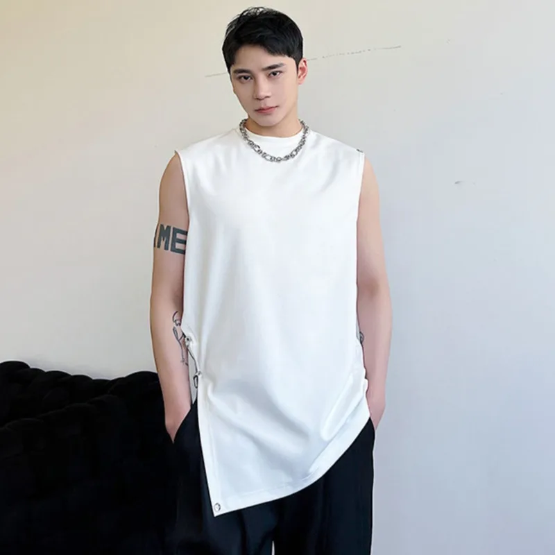

SYUHGFA 2023 Summer Vest Personalized Asymmetric Design Round Neck Men's Top Korean Fashion Versatile Solid Color Sleeveless