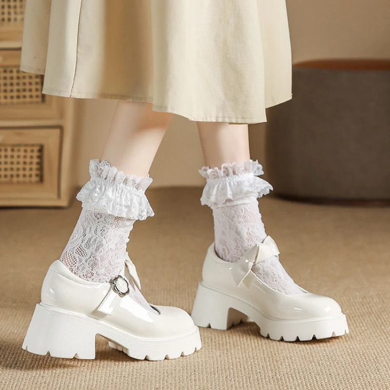 Chunky Platform Mary Jane Shoes White High Heel Lolita Shoes Girls Japanese Style College Student Uniform Shoe Bow Women's Pumps