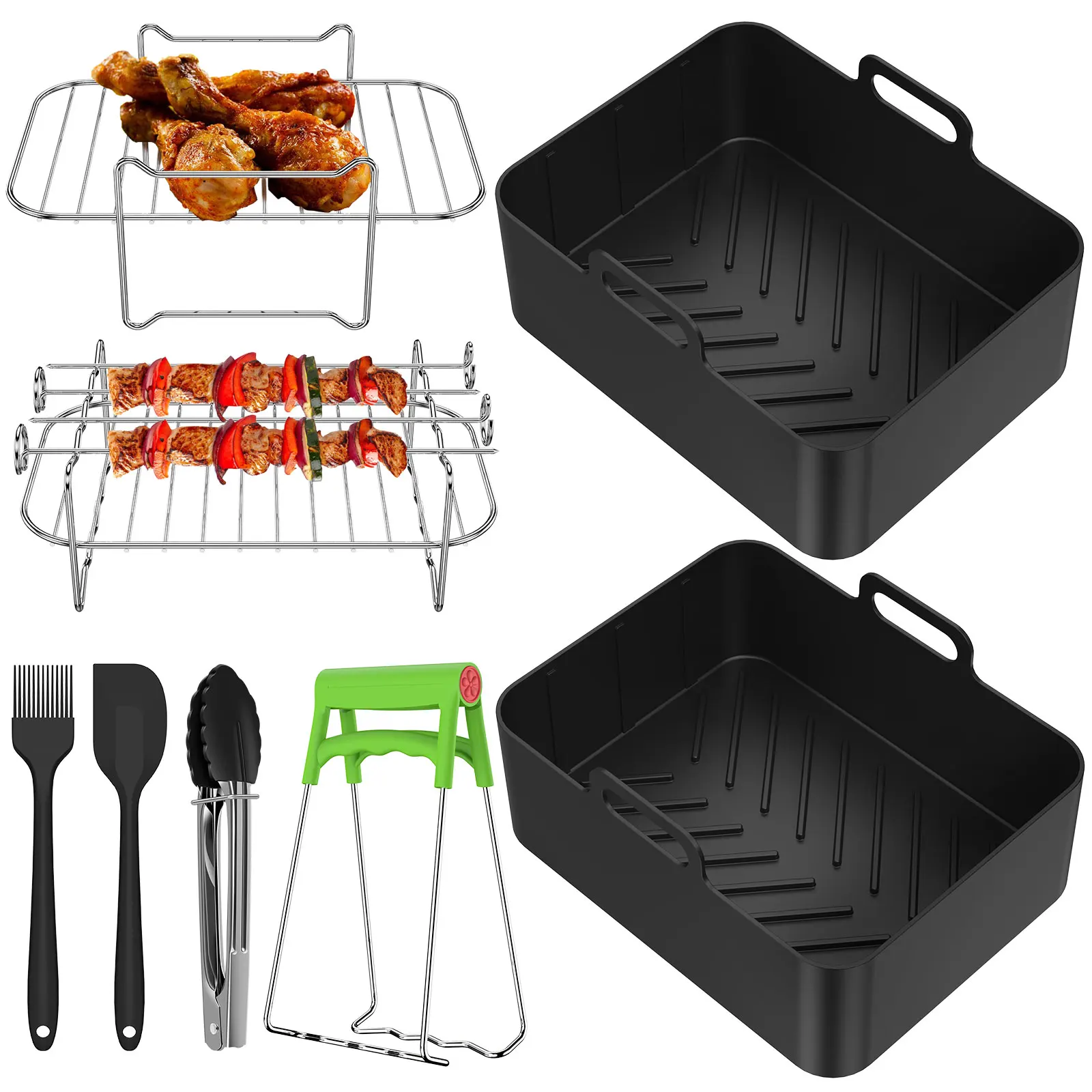 

8Pcs Air Fryer Accessories Set Nonstick Air Fryer Silicone Pan Food Grade Stainless Steel Air Fryer Rack with Oil Brush Food