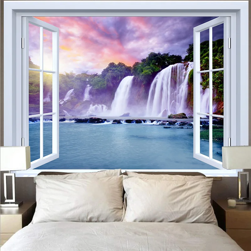 

Outside The Window Tapestry 3D Mountain Lake Sunset Wave Landscape Garden Posters for Outside Large Home Room Decor Wall Hanging