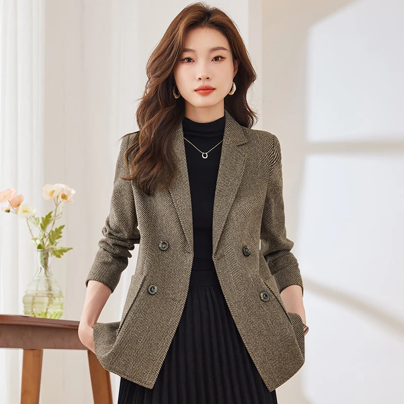 

Stripes Women's Suits Office Lady Vintage Blazers Fall Coats Winter Long Sleeve Slim Clothing Pockets Notched Korean YCMYUNYAN