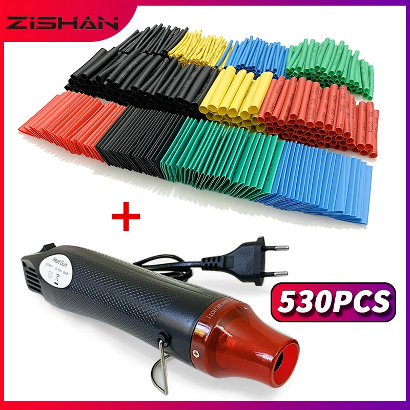 

127-530pcs Heat Shrink Tube 2:1 Shrinkable Wire Shrinking Wrap Tubing Wire Connect Cover Protection with 300W Hot Air Gun