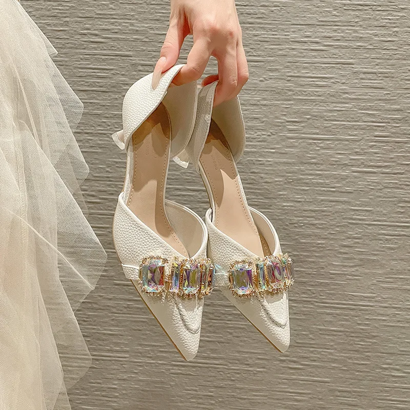 

2022 Summer Women Stiletto Heel Korean Style Hepburn Style Pointed High Heel Low Heel Daily Low Top Hiking Pumps Women Shoes