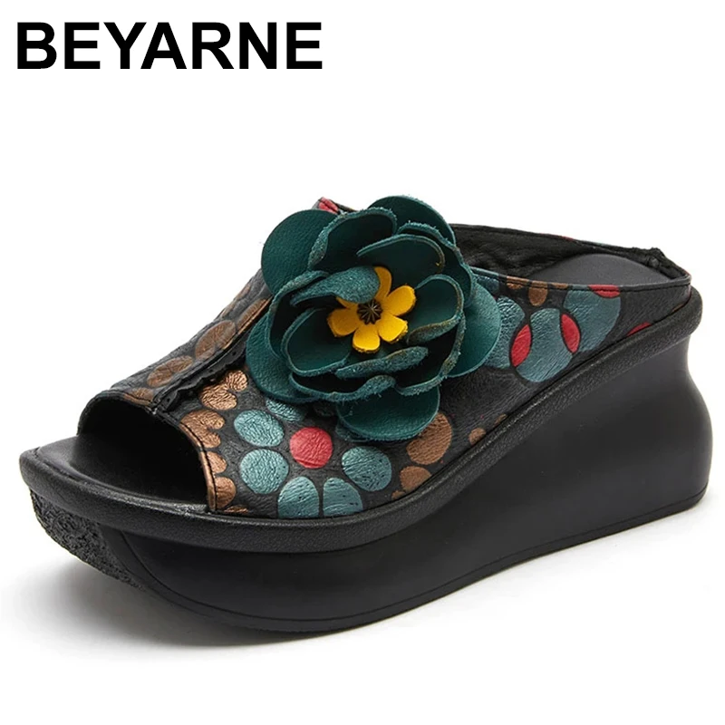 

2023 Retro Slippers Genuine Leather Shoes Handmade Slides Flip Flop On The Platform Clogs For Women Flower Woman Slipper