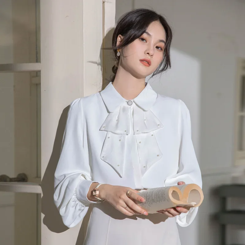 

Шифоновые женские рубашки, новые модные блузки в английском стиле, весна/лето, свободная одежда с длинным рукавом, однотонные Топы с бантом YCMYUNYAN