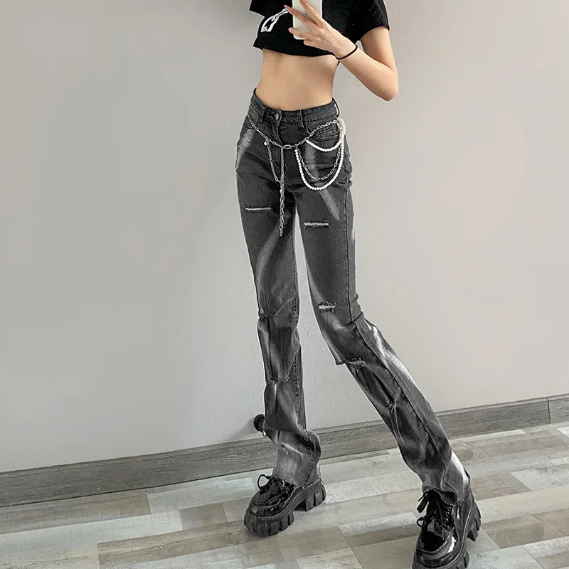 Women's High Waist Slimming Printed Straight-leg Ripped Casual Street Style Jeans Punk Aesthetics Skinny Y2K Streetwear Trousers