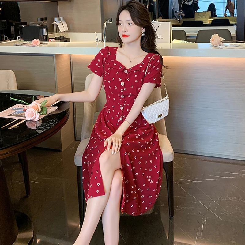 

Летнее элегантное облегающее вечернее платье макси 2023 черное корейское винтажное повседневное женское платье для выпускного вечера шикарное пикантное платье миди с красным принтом