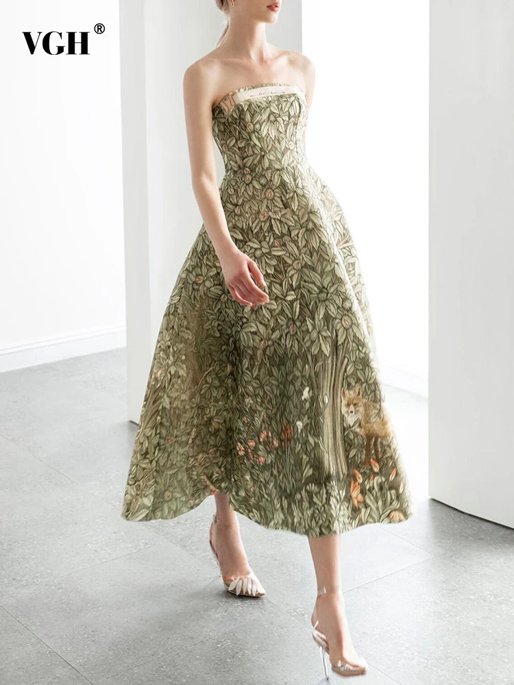 

VGH Strapless Printing Dresses For Women Slash Neck Sleeveless Off Shoulder High Waist A Line Formal Dress Female Fashion New