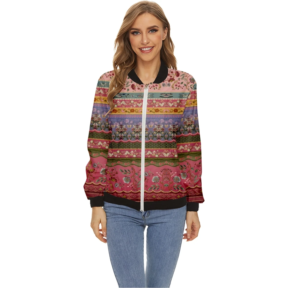 

Women Autumn Fashion Zipper Jacket Tops vintage Stitching Printing Long Sleeves Casual Baseball Collar Coat Slim Jacket